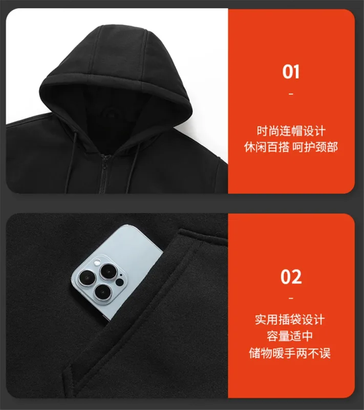 USB chauffage sweat à capuche pour homme hiver électrique vestes à capuche chauffantes veste à capuche avec fermeture éclair infrarouge 5 zones de chauffage veste noir gris