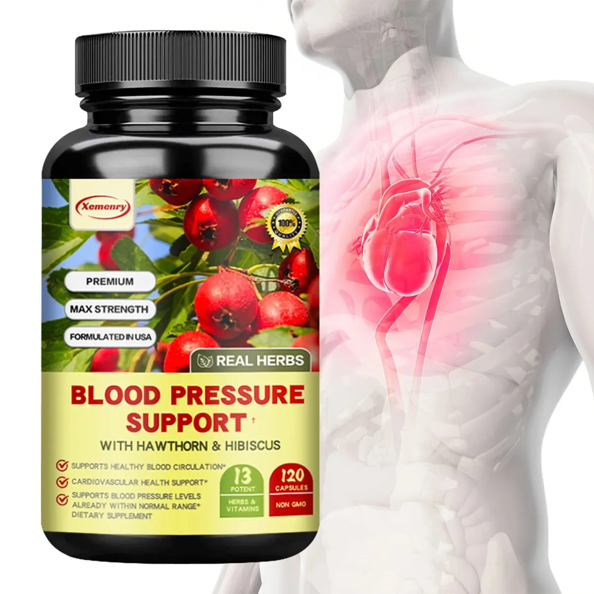 Soutien de la tension artérielle – Soutient la santé cardiovasculaire, stimule l'énergie et l'immunité pour la santé cardiaque – avec aubépine et hibiscus — image 1