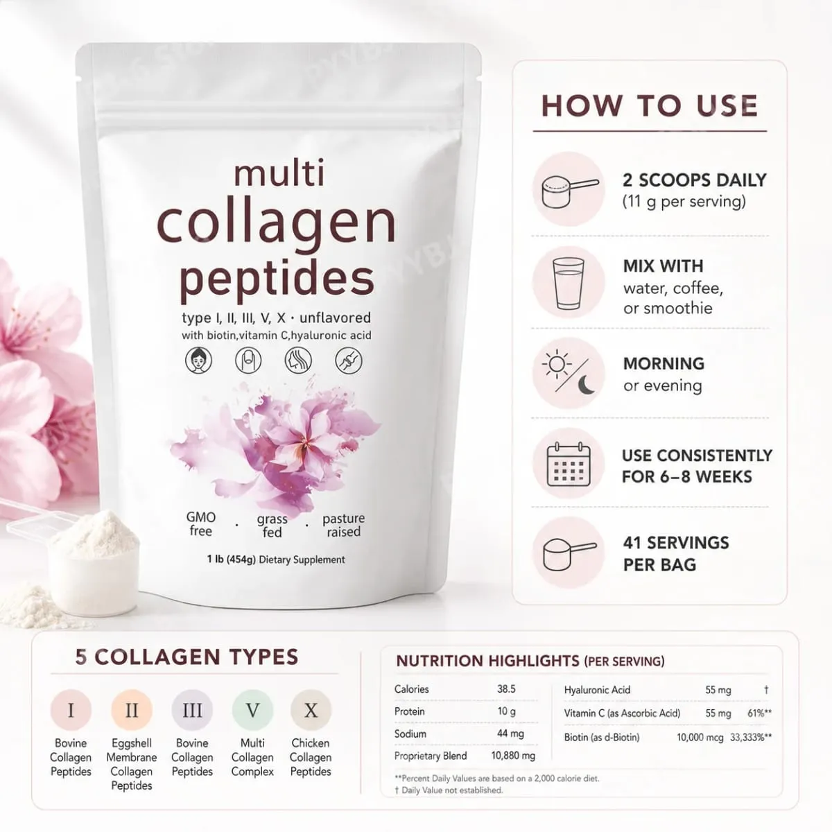 Multi Collagen Peptides Powder 454 g Unflavored Collagen Blend med Vitamin C Biotin Hyaluronsyre Hud Hår Negle Støtte — image 5