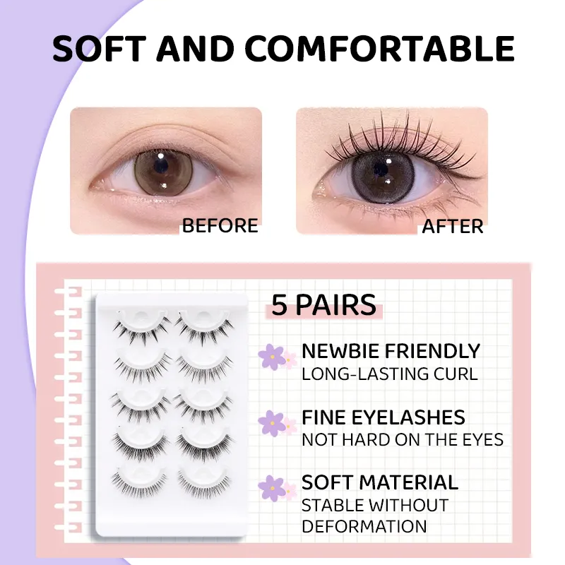 5 paires de faux cils auto-adhésifs Manga de Style mixte, sans colle, bande naturelle réutilisable, pour le maquillage quotidien des yeux — image 6