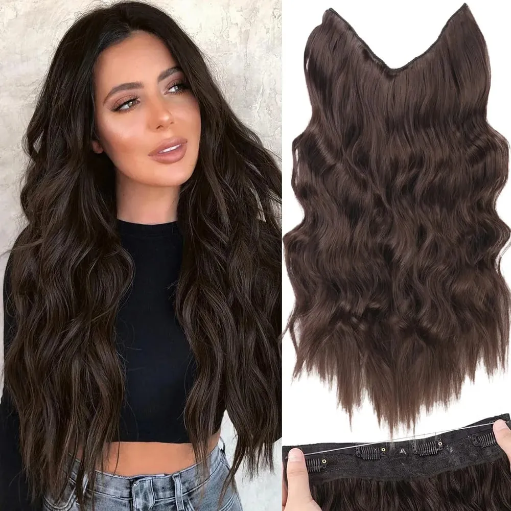 Black Halo Hair Extensions with Invisible Wire Adjustable Size 22inch Long Synthetic Wavy Curly Hairpieces for Women No Clip — image 1