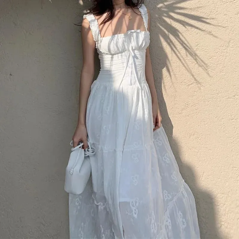 Y2K Simple Elegant Square-neck White Maxi Dress Summer Slim Lace Up Sleeveless Dreses French Party Beachwear Casual Vestidos — image 3