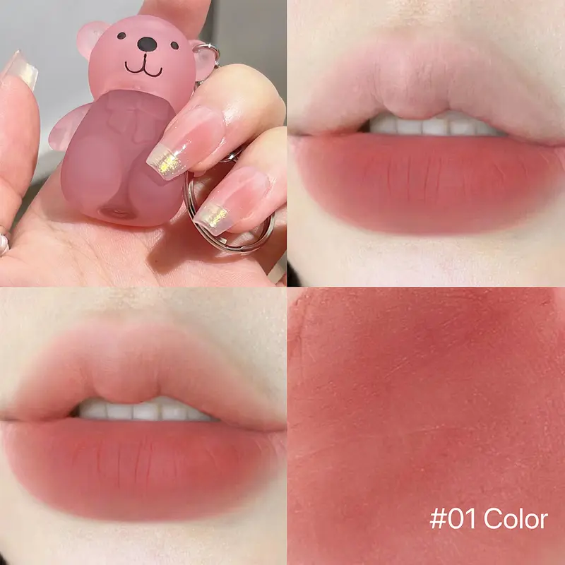 ART VALUE Cute Bear Lip Mud Keychain Matte Nude Red Lip Gloss Non-stick Cup Lipstick Waterproof Long Lasting Lipgloss Cosmetics