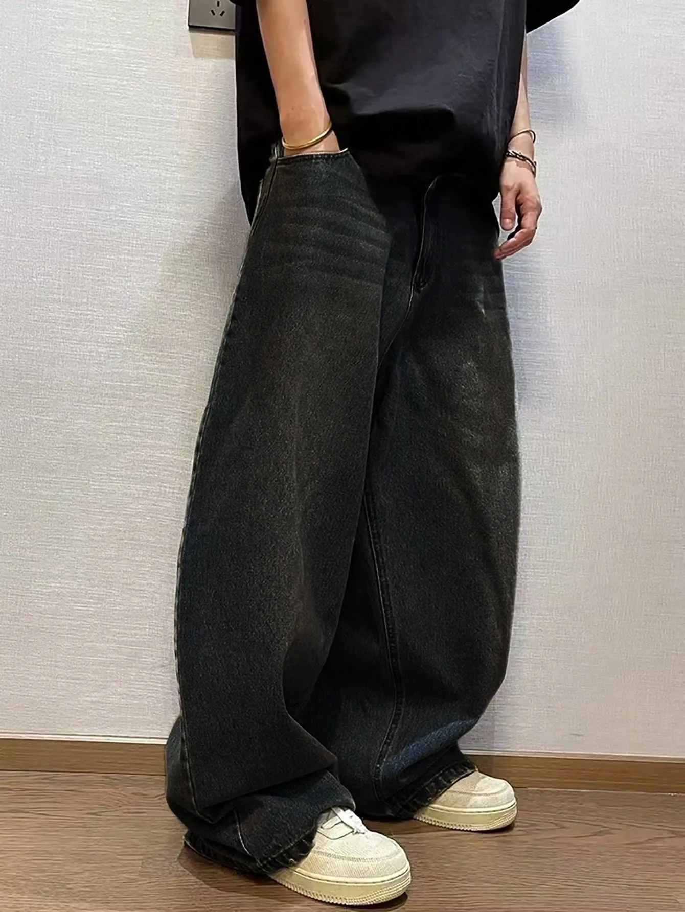 1Pc Men's Wide Pants Brushed Jeans Wide Jeans Y2K New Rocks Jeans Buggy Black Hip-Hop Pants — image 2