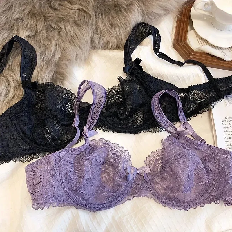 French Romantic Ultra-thin Lace Sexy Transparent Gathering Big Breasts Show Small Underwire Bra Cover Underwear Set Women — image 3