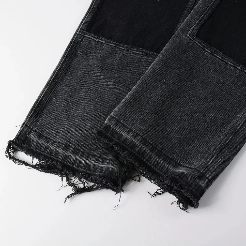 Men Patch Cargo Denim Jeans Streetwear Rivet Released Hem Patchwork Pants Button Fly Loose Straight Cotton Trousers — image 4