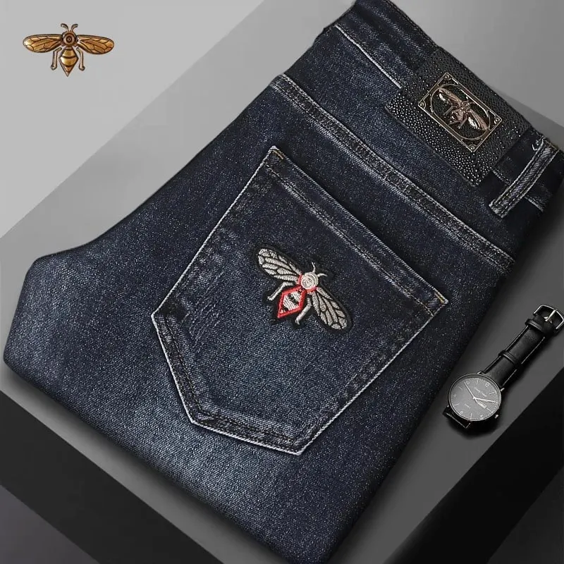 Autumn and Winter Thick Jeans for Men 2024 New Embroidered Fashion Elastic Slim Fit High-End Men's Clothing Denim Trousers