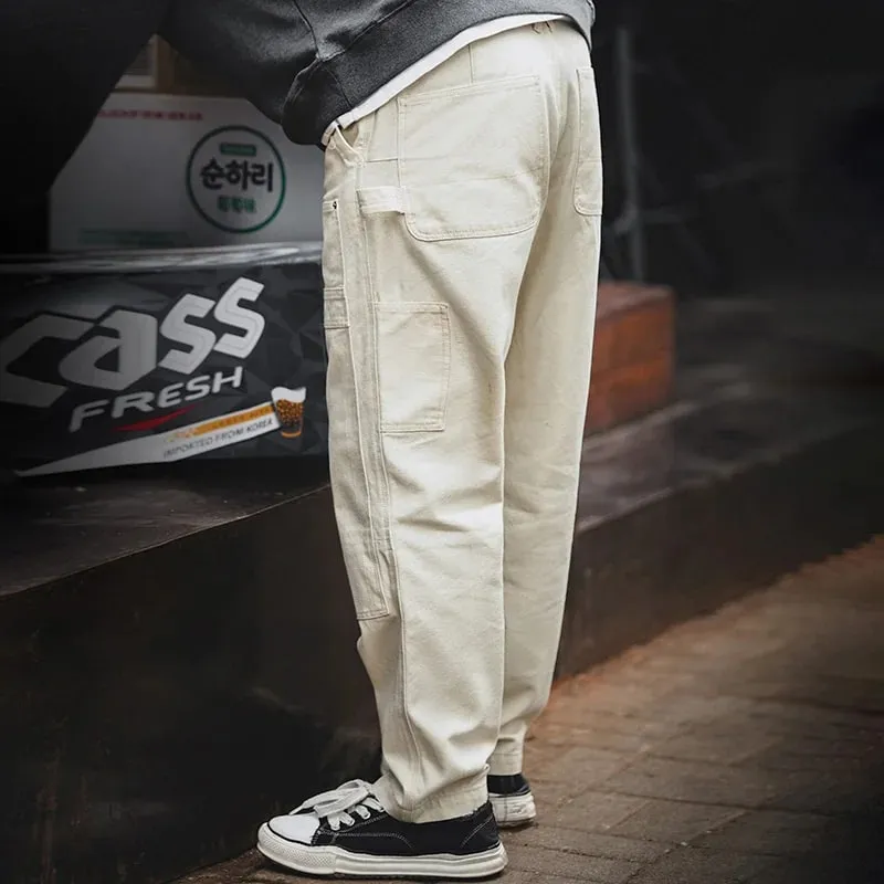 Maden Workwear American Retro Distressed Loose Off White Jeans Washed Straight Multi Pocket Woodcutter Pants Men