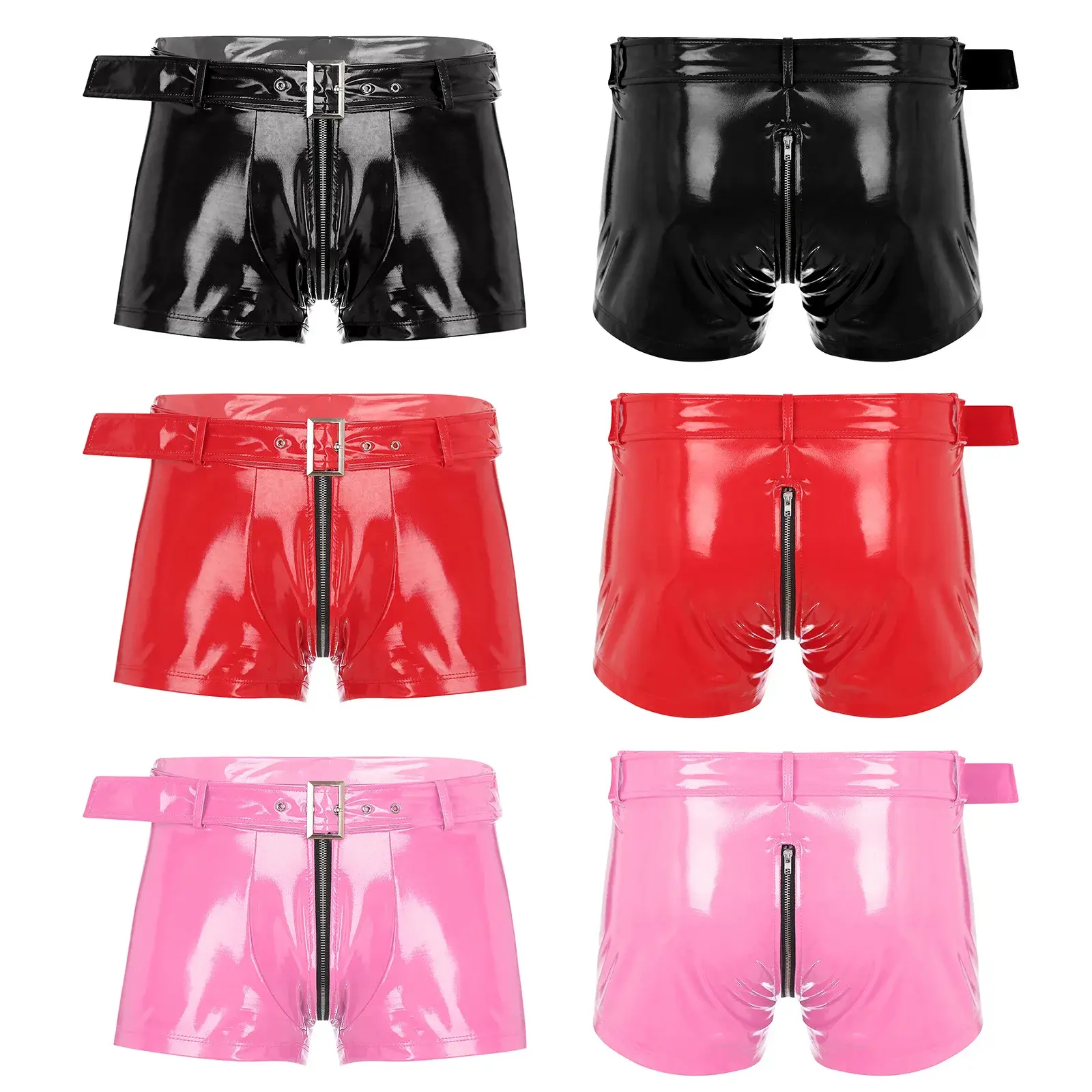 Men's Boxer Shorts Wet Look Latex PVC Leather Zipper Shorts Bottoms Bulge Pouch Boxer Brief Clubwear Party Hot Pants Nightwear