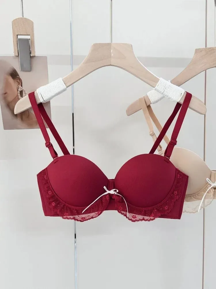 Kırmızı Yarım Fincan Dantel Sutyen Seti Küçük Sandıklar için Ayarlanabilir Destek Anti-Sarkma Push Up Seksi iç çamaşırı seti Kadın Doğum Günü Hediyesi — image 5