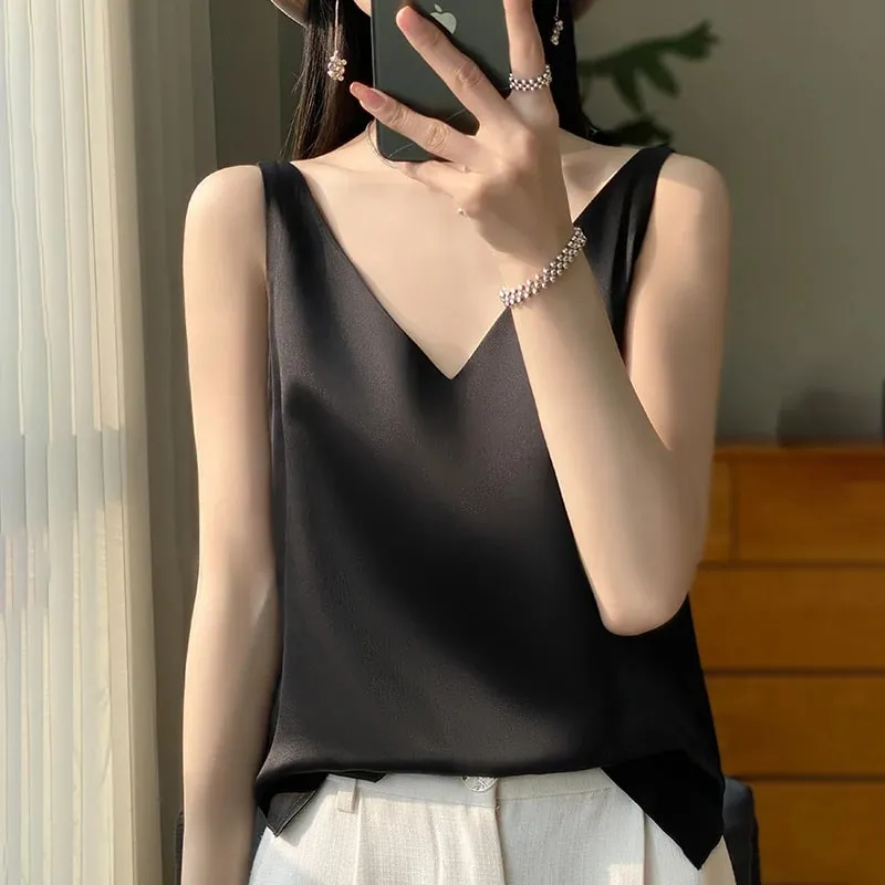 New Lce Silk Satin Camisole Women's Spring/Summer Solid Color Sleeveless Sexy Comfortable Silk Underwear Vest RW-D09
