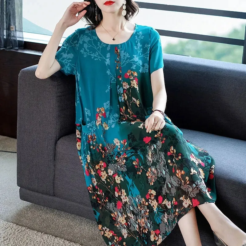 Mother Clothes Summer Chiffon Dresses O-Neck Mid-Long Printed A-line Dress Large Size Short Sleeve Middle-aged Women's Vestidos — image 4