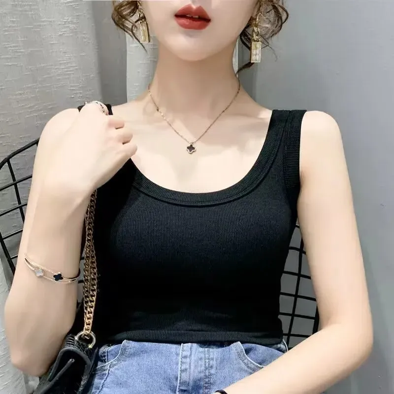 2023 Summer Women Basic Ribbed Knitted Tank Top Solid Color Sleeveless T-shirts Casual Camis Green Blue Elastic Female Tops — image 5