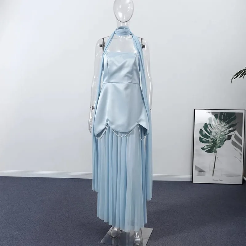 Solid Color Tie Accent Floral Hem Evening Gown Strapless Paneled Pearl Chain 2026 Elegant Women Dress Fashion Chic Lady Vestido