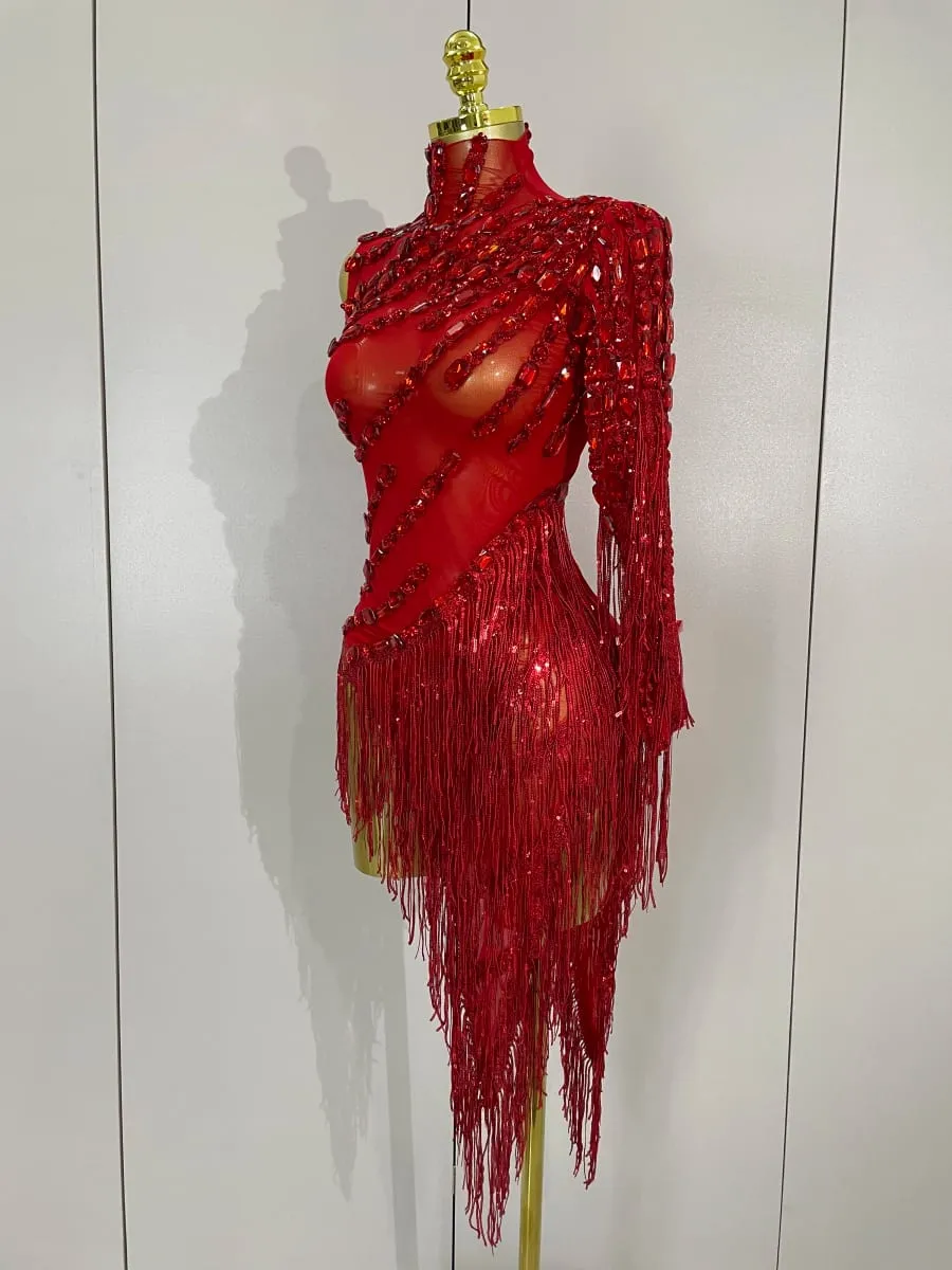 Abito trasparente sexy con nappa con strass scintillanti, abito da donna monospalla, abiti da ballo latino, bar, discoteca, festa in costume