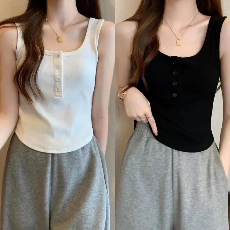 Women's Solid Color Spaghetti Straps Sleeveless Slim Camisole with Chest Pad Summer Wear Outside Female Short Tops Vests — image 2
