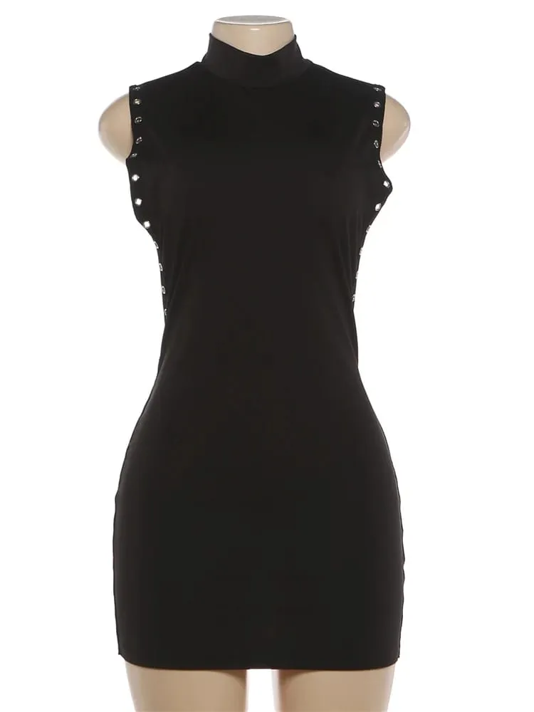Nibber brzoskwiniowa mini sukienka damska o-neck bez rękawów boczna pusta konstrukcja metalowe pierścienie dekoracja Skinny Midnight Club Party Bodycon