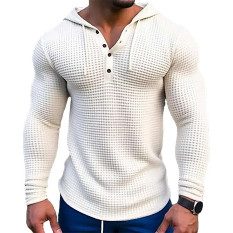 Spring Solid Color Slim Fit Long Sleeved T-shirt Men's Hooded Breathable Sports Top Waffle Cotton Casual Long Sleeved Shirt