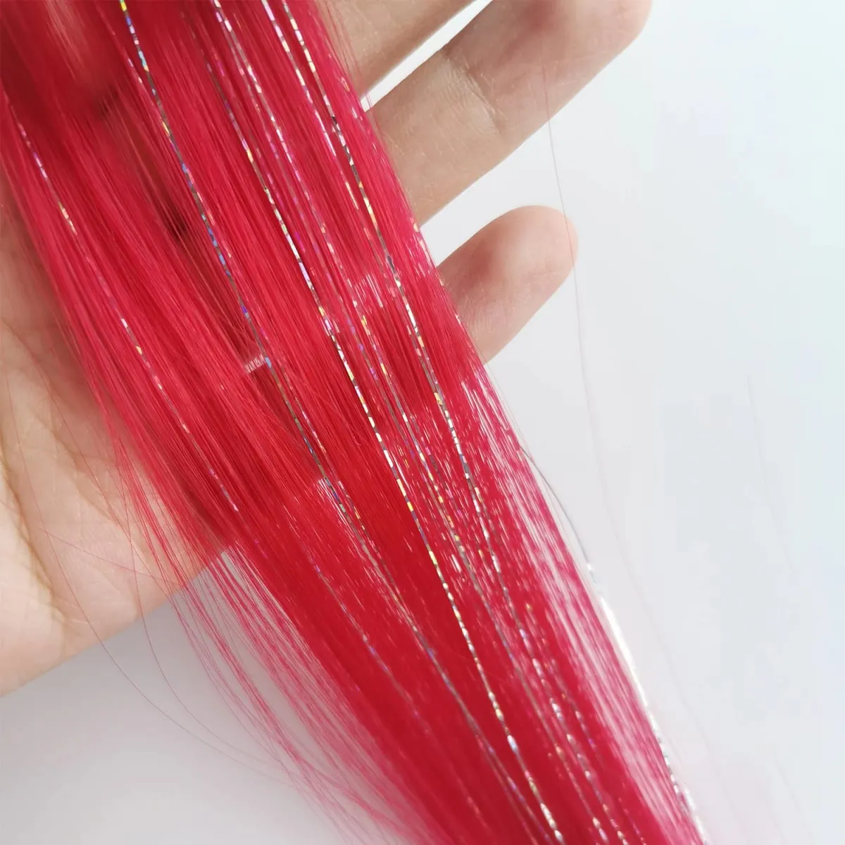 Clip in Pink Hair Extensions Mixed Silver Tinsels Synthetic Rainbow Hairpiece Holiday Party Highlights for Women Girls — image 11