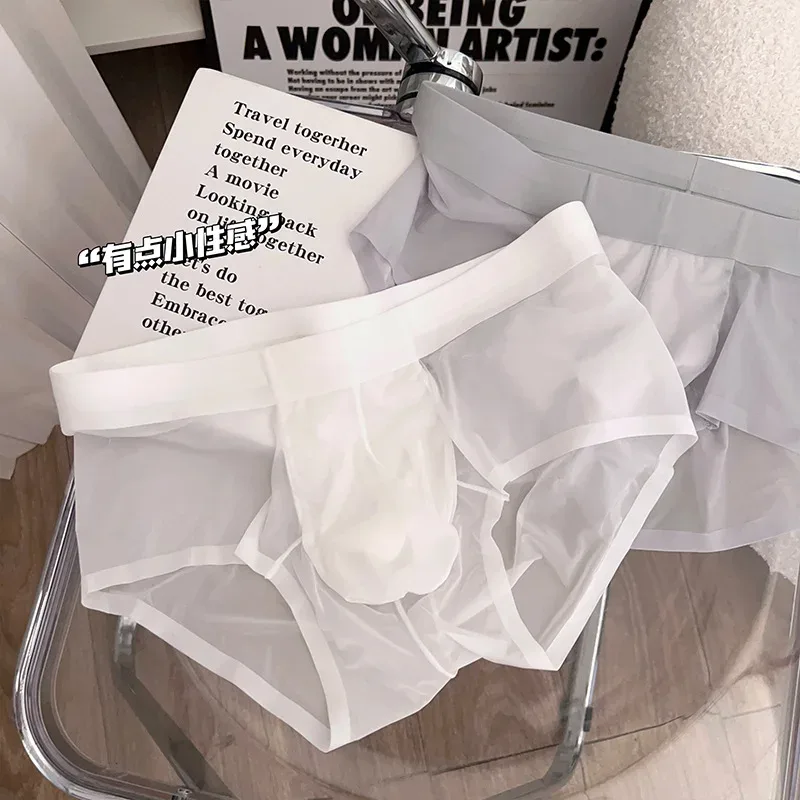 Transparente herren Slips Ultra-dünne Eis Seide Schnell Trocken Höschen Sexy U Ausbuchtung Beutel Mann Unterwäsche Atmungsaktive Unterhose cuecas