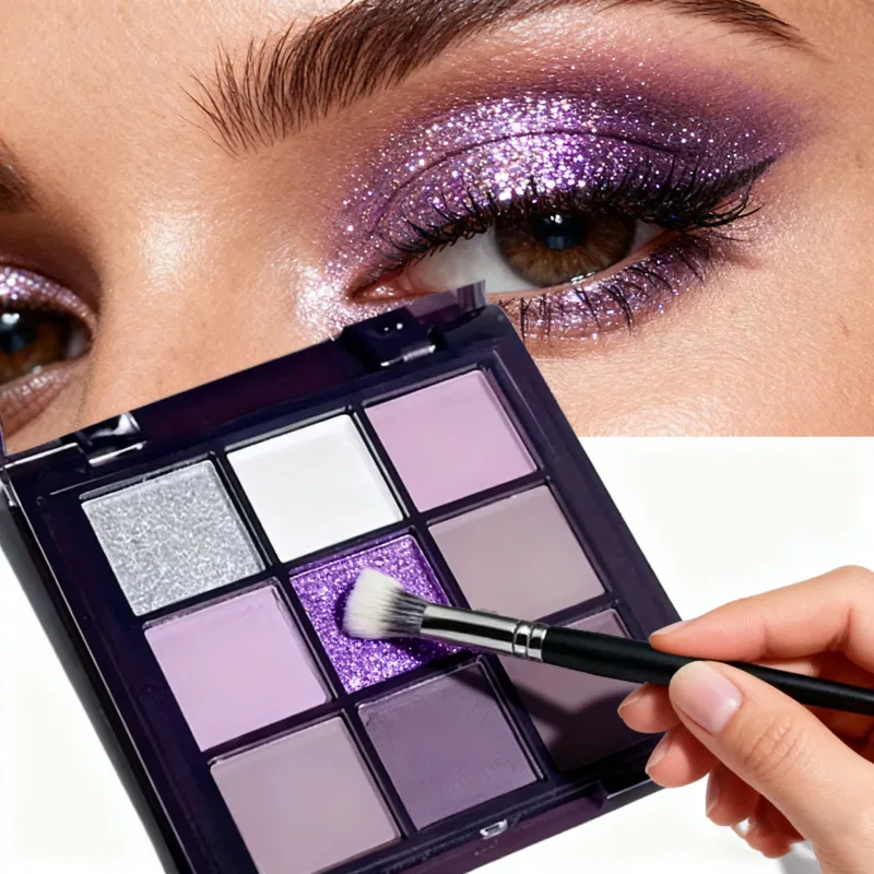 Palette de fards à paupières neuf nuances de fumé mat nacré fines paillettes violet foncé maquillage abordable