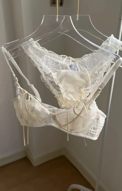Kawaii Lace Bralette Set Japanese Floral Mesh Underwear Summer Ultra-Thin Lace-Up Cutout Romantic Bra 2024 New Kawaii set — image 7