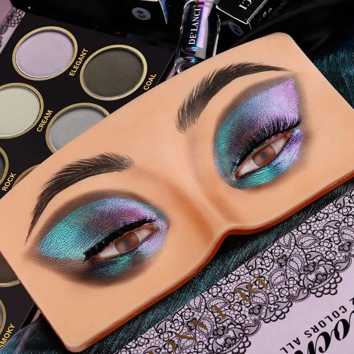 Wheat Silicone Makeup Practice Board with Pearl Stickers and Brushes - Suitable for Makeup Artists and Beginners