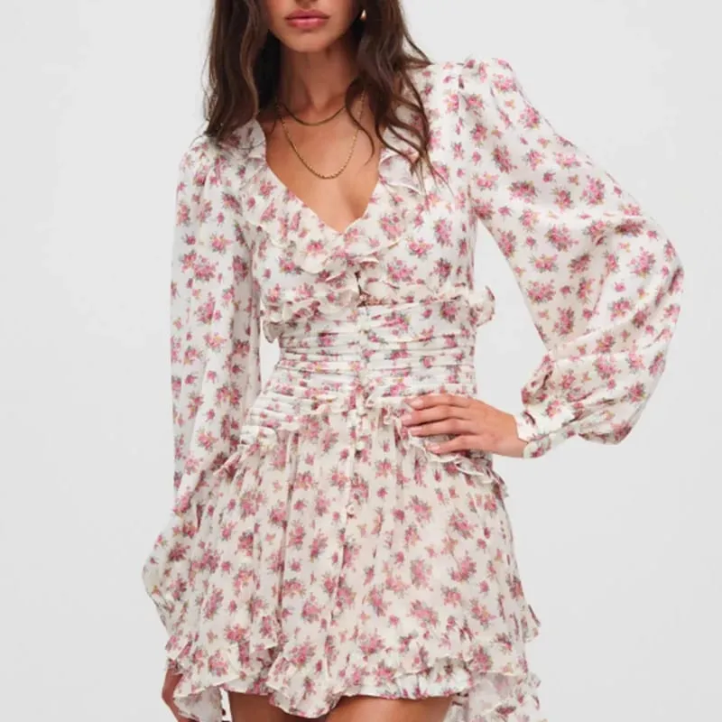 Boho Floral Print Ruffle Mini Dress Women Front Button Long Sleeve V Neck Spring Dresses 2025 Holiday Robe Short Vestidos — image 2