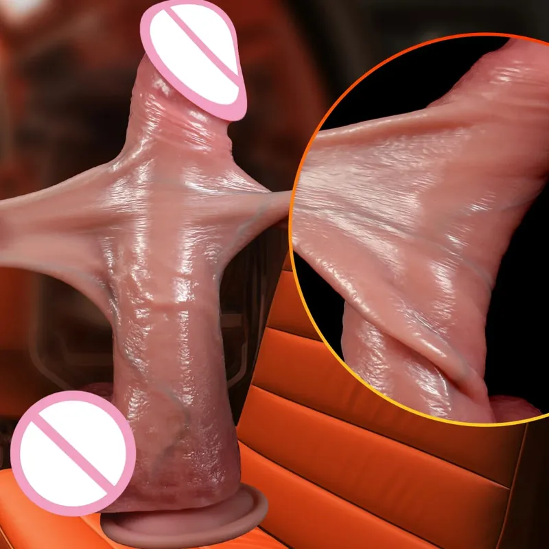 2 In1 Super Realistic Dildo Penis Sliding Foreskin Ejaculation Big Dick Penetration Anal Female Masturbation Sexy Adult Sex Toys