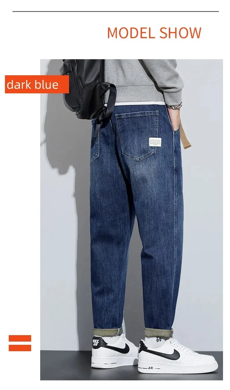 Winter Dark Blue Fleece Jeans for Men Black Loose Straight Casual Trendy Comfortable Versatile Youth Thickened Harem Pants Blue — image 9
