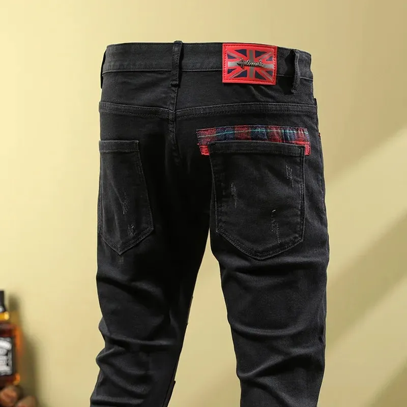 Men's Ripped Jeans with Patchwork Design Slim Fit Skinny Spring Trendy Street Motorcycle Style Black Long Pants — image 4
