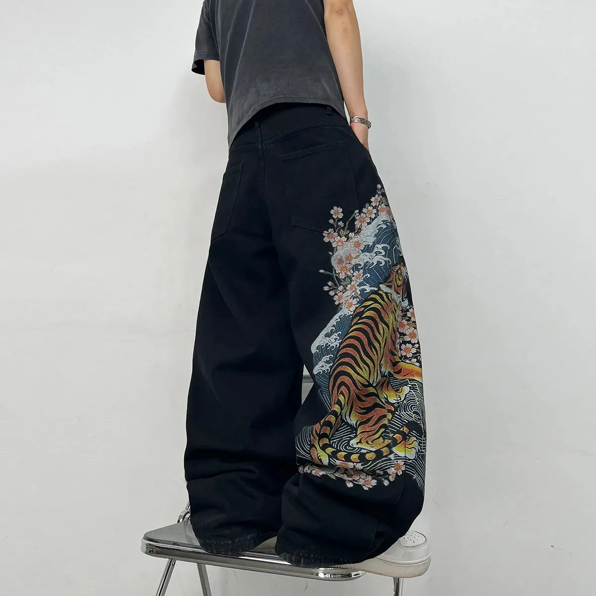 Men's Black Baggy Wide-Leg Jeans with Tiger Cherry Blossom and Wave Print Y2K Streetwear Hip-Hop Fashion Casual Versatile Pants