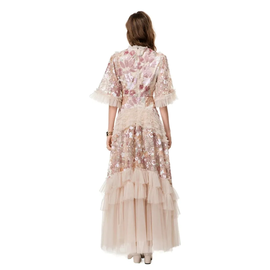 Women's Dress O Neck Short Sleeves Sequined Floral Patchwork Ruffles Elegant Designer Party Prom Gown Maxi Vestidos S- 4XL
