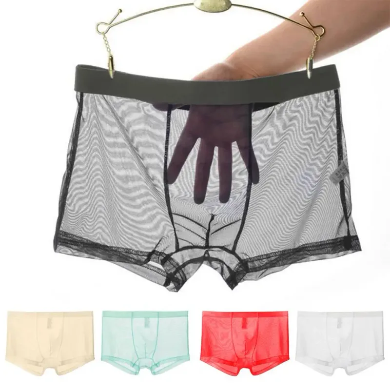 Şeffaf Boksörler Erkekler için Erkek Külot See Through Seksi Örgü Düşük Bel Buz Ipek Ince Soğutma Erkek Külot Erkek iç çamaşırı — image 1