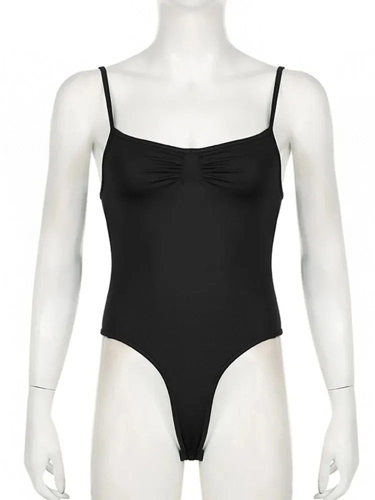 Sweetown Sleeveless Skinny Shirring Skinny Sexy Spaghetti Strap Bodysuit For Women Black Solid Simple Basic Vacation Camisole