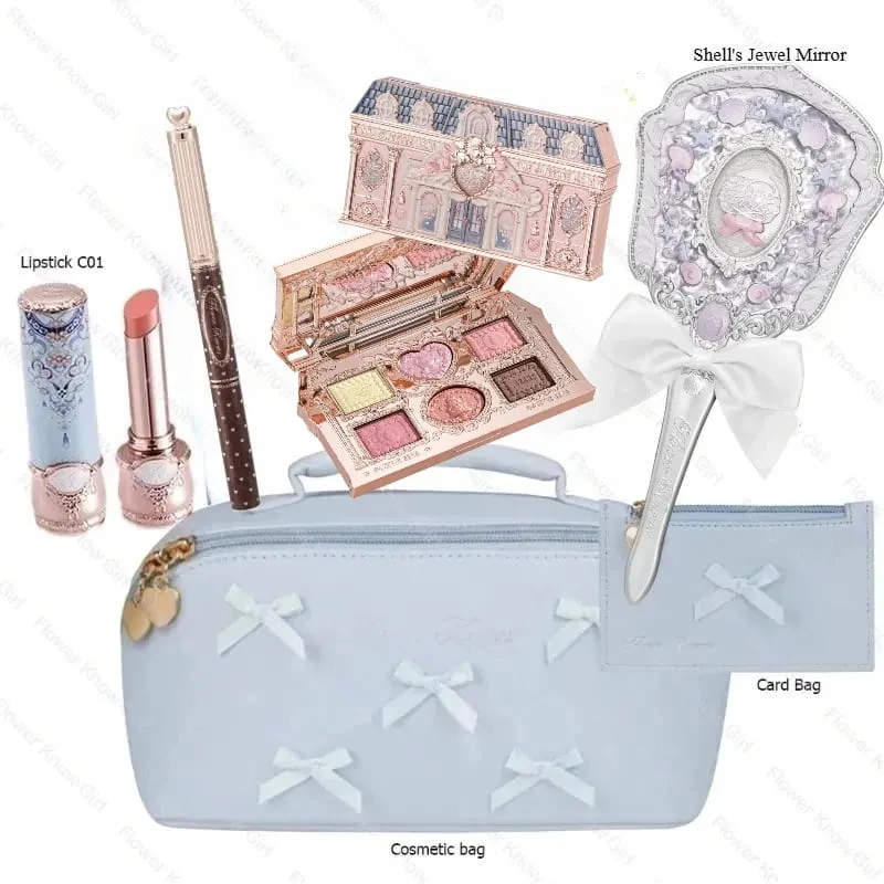 Makeup Flower Knows Set Shell Pearl Series Six Color Eyeshadow Palette Embossed Blusher Shine Lipstick Kit With Bag All In