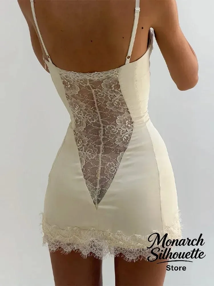 Solide Satin Spitze Korsett Mini Kleid Frauen Sexy Spaghetti Strap Sheer Panel Slim Fit Kurze Kleider 2026 Trendy Lady Night out Wear — image 4