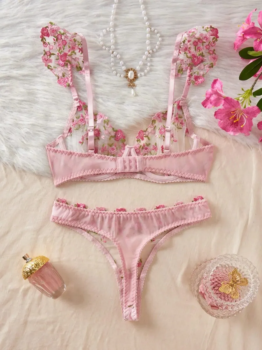 1 Set Romantic Rose Flower Embroidery Lingerie Set Ruffle Strap Sheer Mesh Bra Thong Set