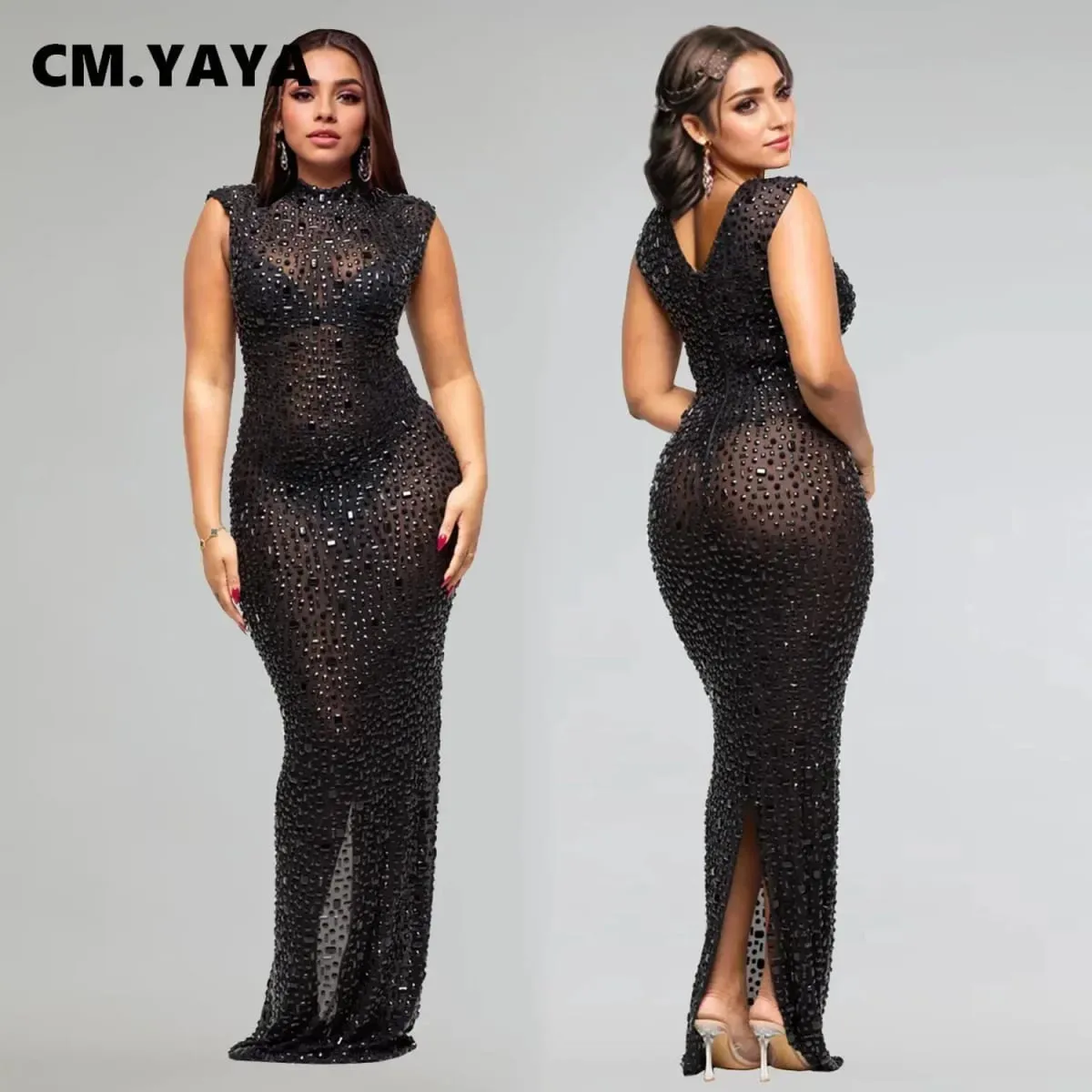CM.YAYA 2024 가을 다이아몬드 핫 라인 석 오-넥 여성 민소매 Bodycon 롱 드레스 생일 파티 저녁 댄스 파티 맥시 드레스