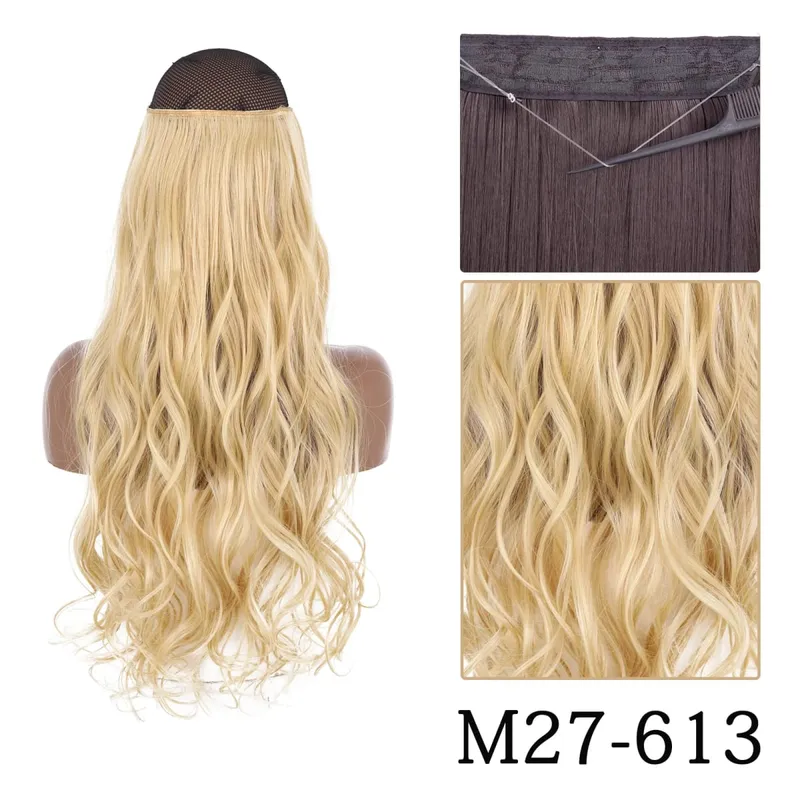 Synthetic No Clip Adjustable Fish Line Hair Extensions Natural Blonde Brown Long Wavy Heat Resiatant Hairpiece For Women
