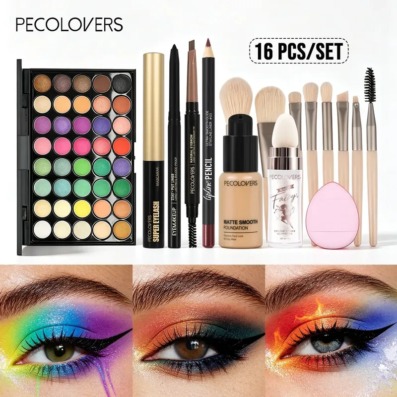 16PCS/SET Bright Multicolor Eyeshadow Long Lasting Foundation Primer Eye Lip Makeup and Soft Makeup Brushes for Party Looks — image 5
