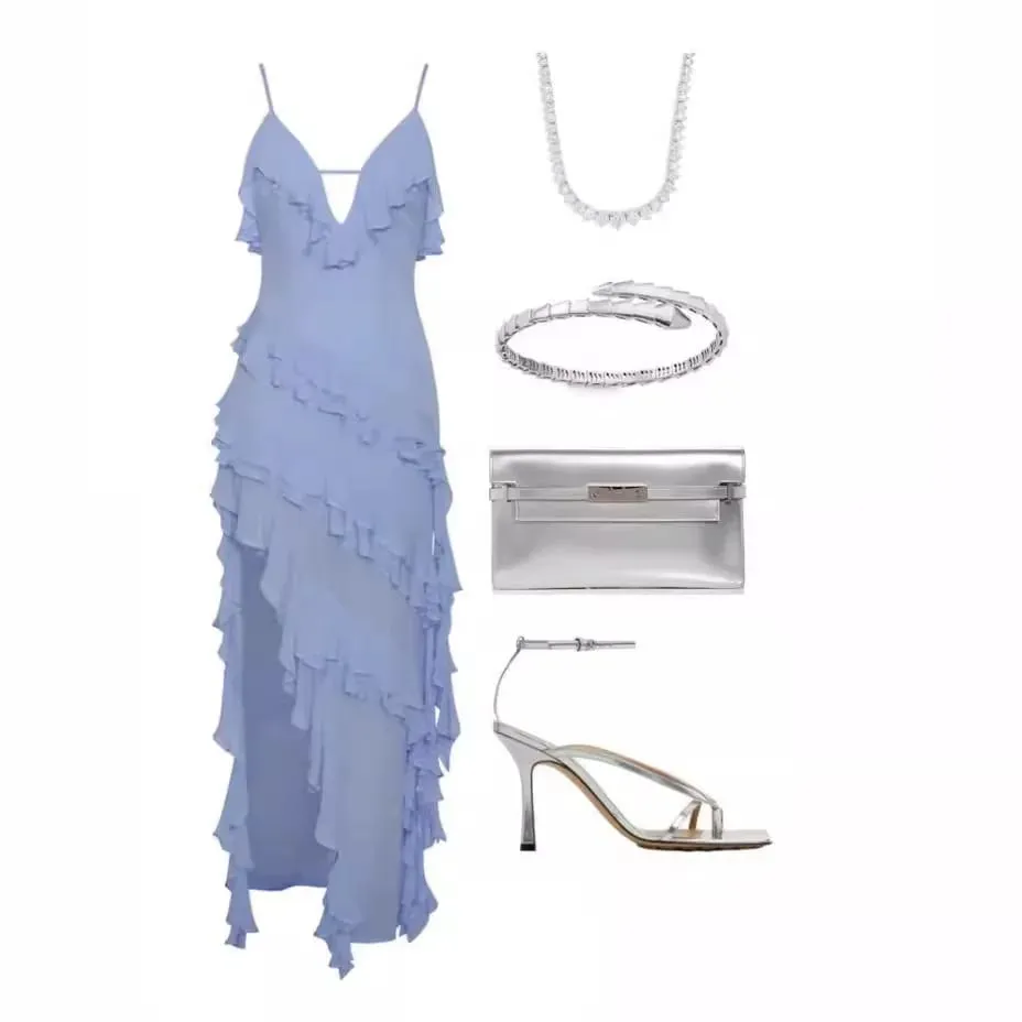 Woman Irregular Tassel Summer Trend Skinny Split Maxi Bodycon Birthday Party Clubwear Vestidos Blue Elegant Women Strap Dresses — image 4