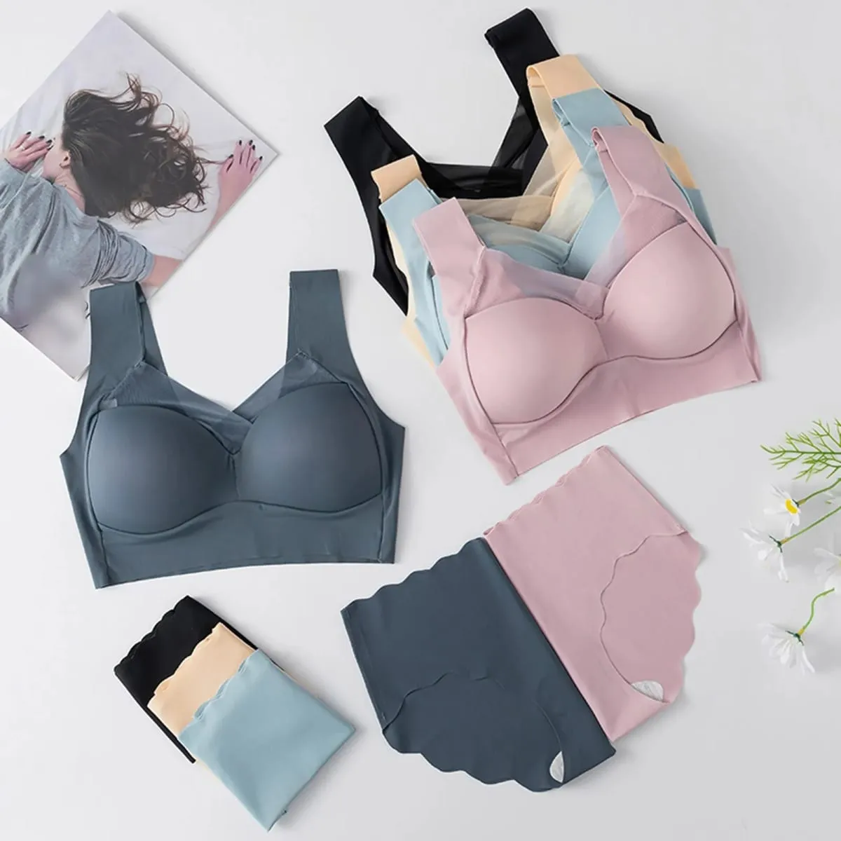 Set di biancheria intima senza cuciture da donna Set di t-shirt di bellezza con retro sottile in seta di ghiaccio senza fili e set di slip lisci. Abiti di lingerie in tinta unita — image 4