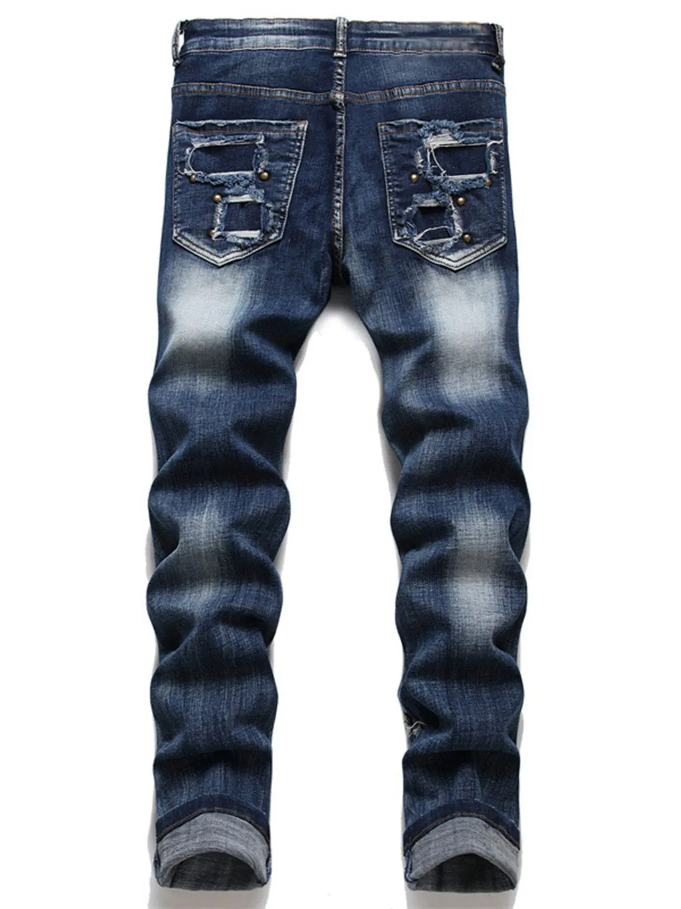 New punk men's jeans with nail beads multiple holes patchwork beggar style men's fashion street personality small straight — image 3