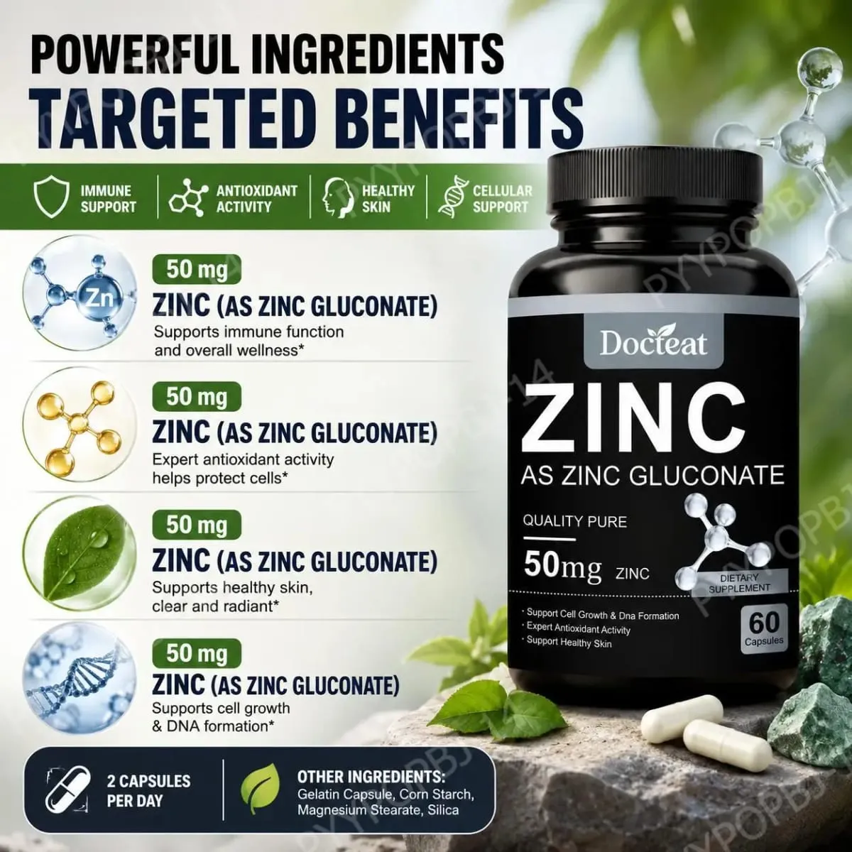 Docteat Zinc As Zinc Gluconate Capsules 50 Mg Zink Setiap Hidangan Sokongan Imun Aktiviti Antioksidan Kulit Sihat 60 Kapsul