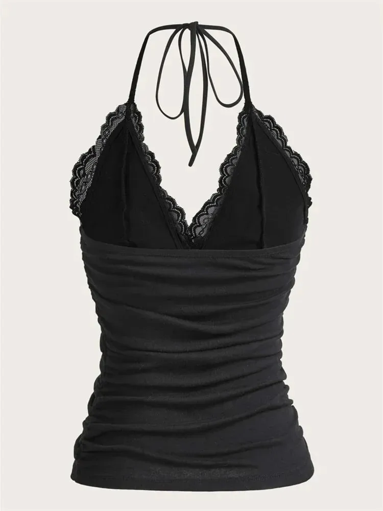 Goth Grunge Punk Black Lace Patchwork Halter Top Women Summer Solid Ruched Backless Sleeveless Tank Top Streetwear Y2K Clothes — image 3