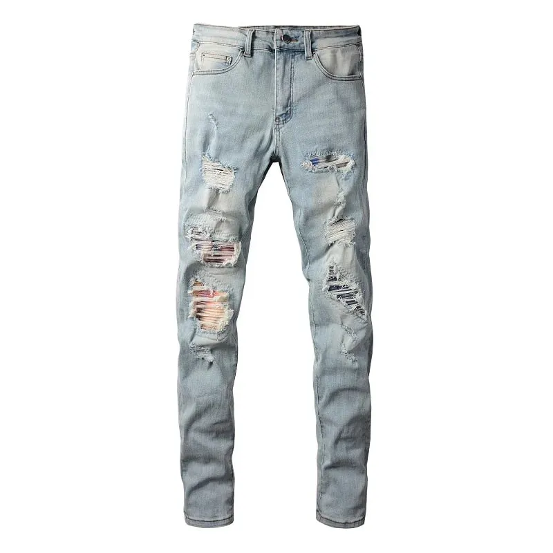 Men Cracked Patch Stretch Denim Jeans Holes Ripped Patchwork Pants Streetwear Light Blue Skinny Tapered Trousers — image 6