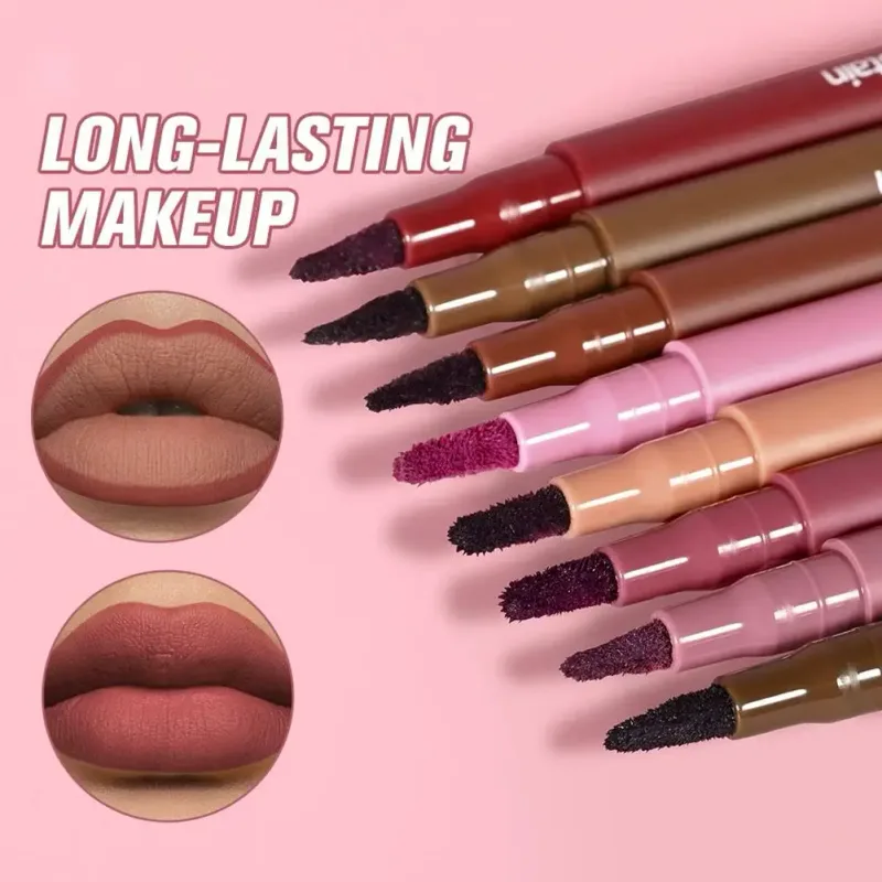 2-in-1 Lip Contour Stain Lip Tint Soft Nude Lip Makeup Smudge-proof Non-stick Cup Moisturizing Lip Stain & Liner Pen Long-wear