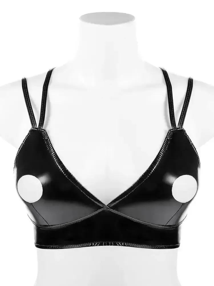 S-3XL Deep V-neck Wet Look PVC Bustier Tank Top Hollow Out Shiny PU Leather Bikini Crop Tops Tights Sexy Croptop Camis Cropped — image 2
