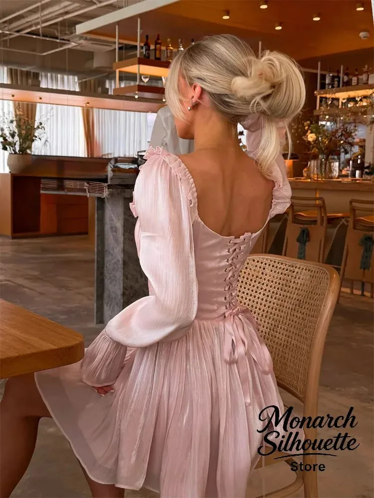 Eleganten Quadratischen Kragen Rüschen Trim Kleid Frauen Chic Feste Volle Hülsen Taille Cinching Kurze Kleider Dame Sexy Straße Roben Neue — image 6